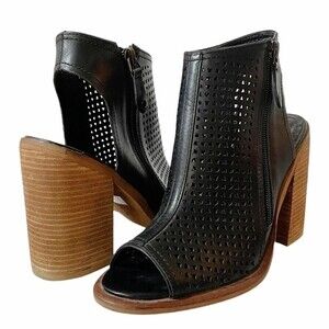 KDB Kelsi Dagger Bootie Mason Black Leather Perforated Block-Heel Sandal Size 7